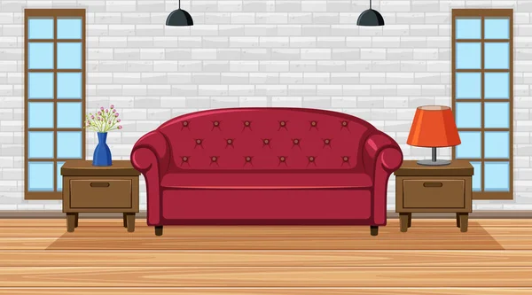 Pokój z czerwoną sofą na drewnianej podłodze — Wektor stockowy