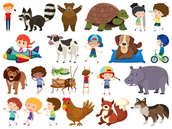 Set van geïsoleerde objecten thema dieren en kinderen — Stockvector
