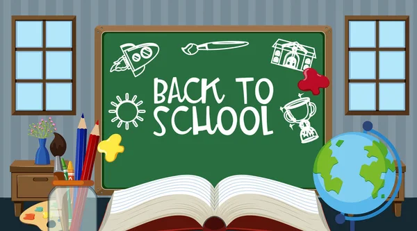 Back to school sign with many school items — Stock vektor