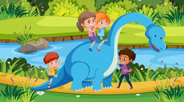 Scene with kids riding dinosaur in the park — 스톡 벡터