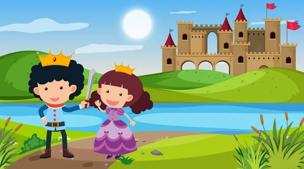 Scène avec prince et princesse au pays des contes de fées — Image vectorielle