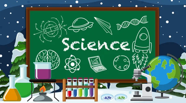 Signo de ciencia con muchos equipos científicos — Vector de stock