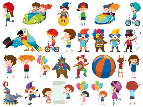 Large set of isolated objects of kids and circus Stock Vector