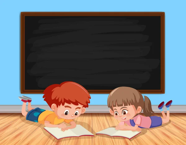 Two kids reading book in classroom — Stock Vector