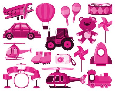 Large set of different objects in pink color