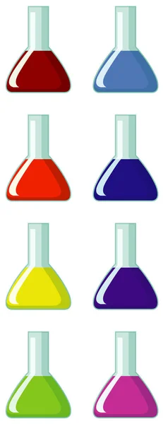 Flaschen gefüllt mit Chemikalien unterschiedlicher Farbe — Stockvektor