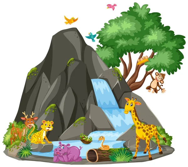 Cena de fundo de animais na cachoeira —  Vetores de Stock