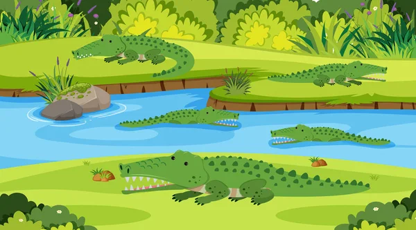 Background scene with crocodiles in the river — Stok Vektör