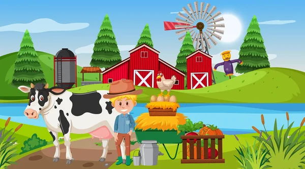 Scene with boy and cow on the farmyard — Stok Vektör
