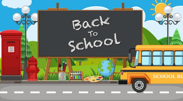 Volver al cartel de la escuela con muchos artículos escolares y autobús — Vector de stock