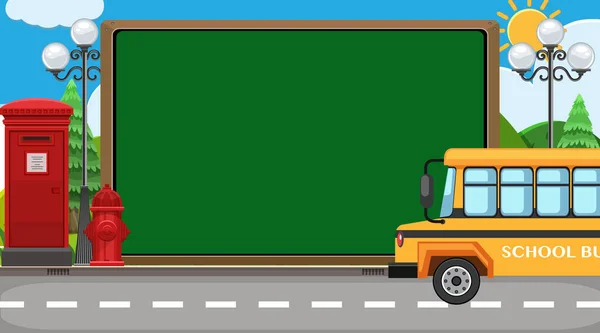 Powrót do znaku szkoły z autobusem szkolnym na tle drogi — Wektor stockowy