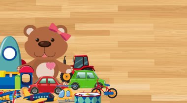 Background design with toys on wooden wall