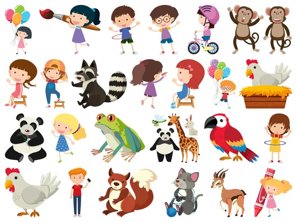 Conjunto de objetos aislados tema niños y animales — Vector de stock