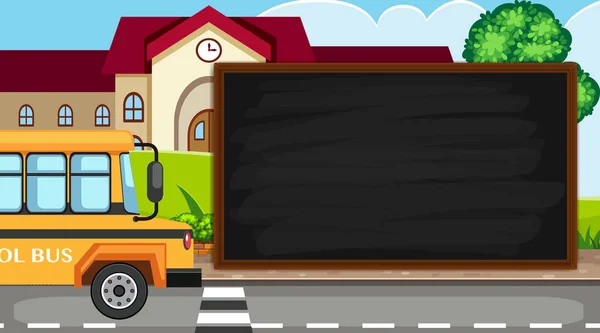 Frame template with school bus on the road background — Stok Vektör