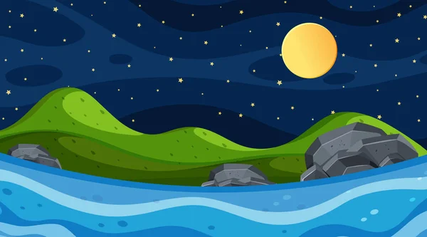 Escena de la naturaleza con río y luna llena — Vector de stock