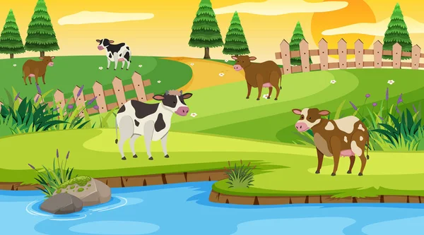 Cena com vacas no campo — Vetor de Stock