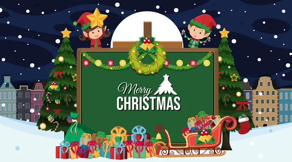 Christmas card template with elf and presents in city — Stock Vector