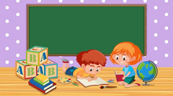 Menino e menina lendo livros em sala de aula — Vetor de Stock