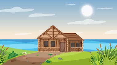 Nehir kenarındaki tarlada ahşap kulübesi olan bir sahne.