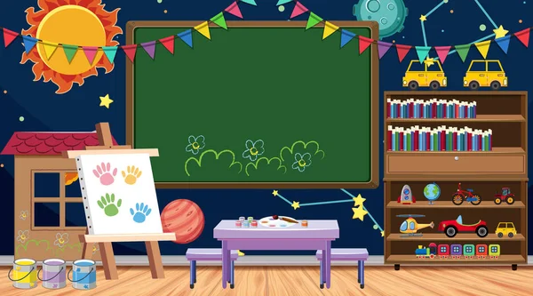 Back to school sign with many school items in classroom — 스톡 벡터