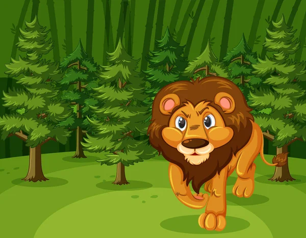 Cena com leão selvagem andando na floresta verde —  Vetores de Stock
