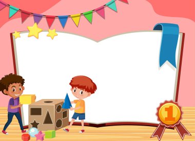 Banner şablonu. Odada blok oynayan iki çocuk.