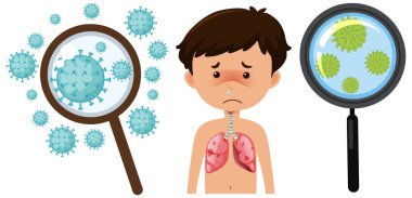 Coronavirus hücresi ve beyaz arka planda hasta çocuk.