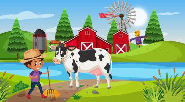 Çiftlikte erkek ve inek sahnesi