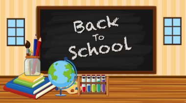 Okul teçhizatıyla birlikte sınıftaki okul tabelasına.