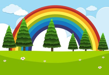 Scene with big rainbow in the sky and green grass in the field