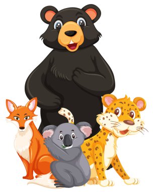 Beyaz arka plan üzerinde vahşi hayvanların farklı türleri