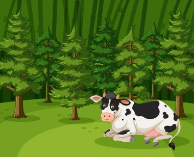 Büyük ormanda bir inekle sahne.