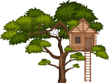 Beyaz arka planda büyük ağaç ve ağaç ev