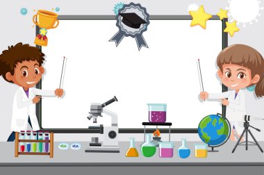 Banner template with two kids working in science lab at school b