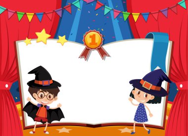 Banner, sahnede kostüm giymiş bir kız ve bir oğlanla birlikte.