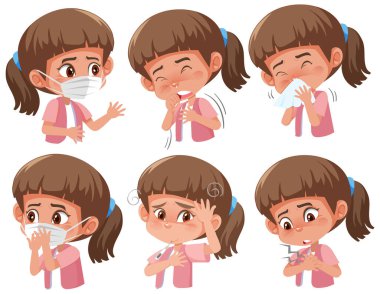 Set of sick girl with different symptoms of coronavirus clipart