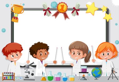Banner, laboratuvarda çalışan fen öğrencilerinin çizimi.