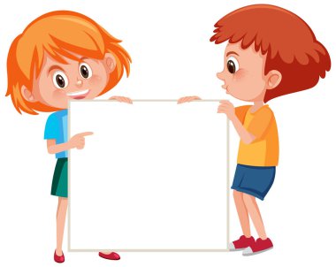 Banner template with happy boy and girl holding paper