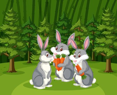 Scene with three bunnies eating carrots in the big forest