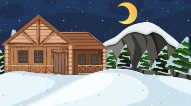 Scene with wooden house in the snow field at night