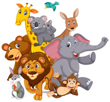 Many wild animals with happy face on white background