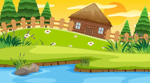 Scena con cottage in legno nel campo lungo il fiume — Vettoriale Stock
