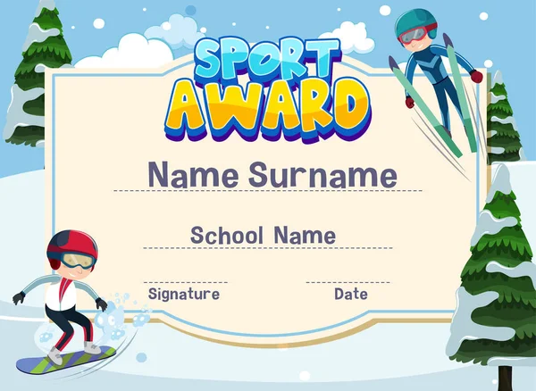 Szablon certyfikatu dla nagrody sportowej z dziećmi grającymi na nartach — Wektor stockowy