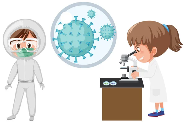Twee wetenschappers kijken naar de coronaviruscel. — Stockvector
