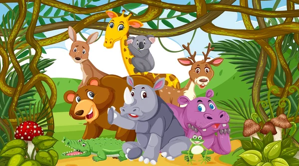 Scène avec de nombreux animaux sauvages dans la forêt — Image vectorielle