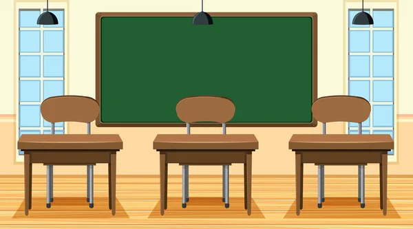 Sala de aula vazia com prancha e mesas — Vetor de Stock