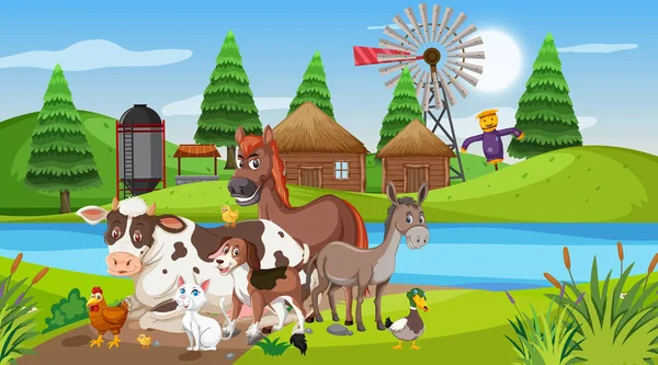 Σκηνή με ζώα αγροκτήματος δίπλα στο ποτάμι στο αγρόκτημα — Διανυσματικό Αρχείο
