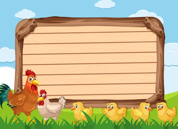Modèle de panneau en bois avec de nombreux poulets dans les terres agricoles — Image vectorielle
