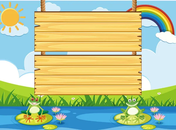 池塘里有两只青蛙的木制标志模板 — 图库矢量图片