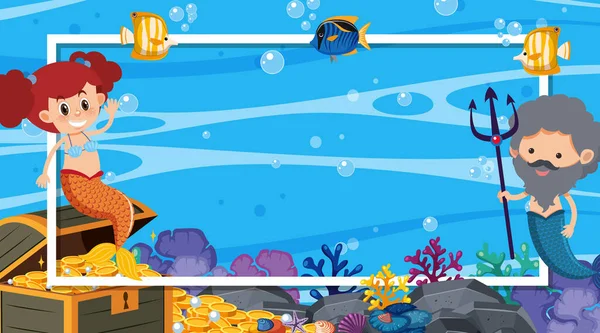 Conception de cadre avec sirène et poissons nageant dans la mer — Image vectorielle